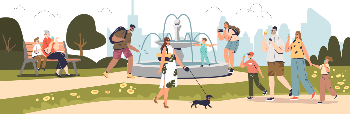 Gente caminando en el parque de verano  Ilustración