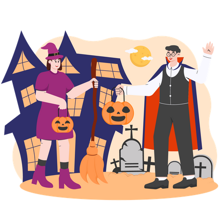 Gente cargando calabaza en fiesta de Halloween  Ilustración