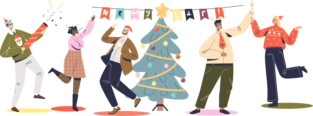 Los Colegas Celebran El Ano Nuevo En Una Fiesta Corporativa Companeros De Trabajo De Hombres Y Mujeres Bailando En La Celebracion De Navidad Evento De Vacaciones De Invierno Ilustracion De Vector Plano De Dibujos Animados Ilustración