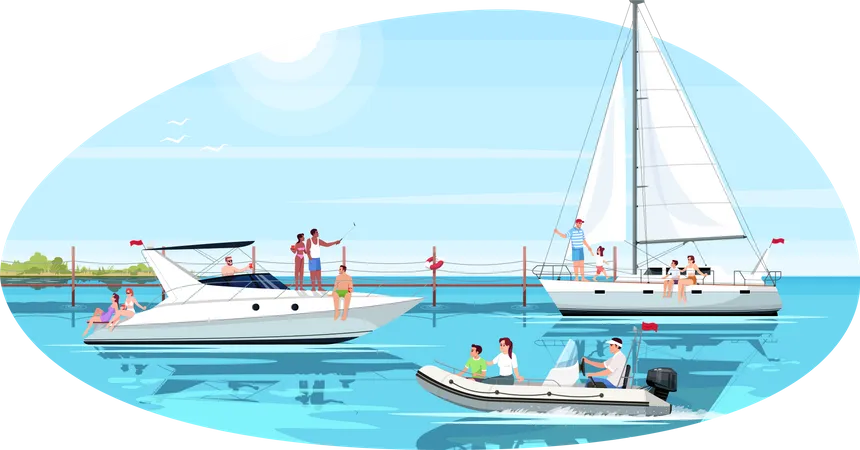 La gente celebra las vacaciones de verano en un barco  Ilustración