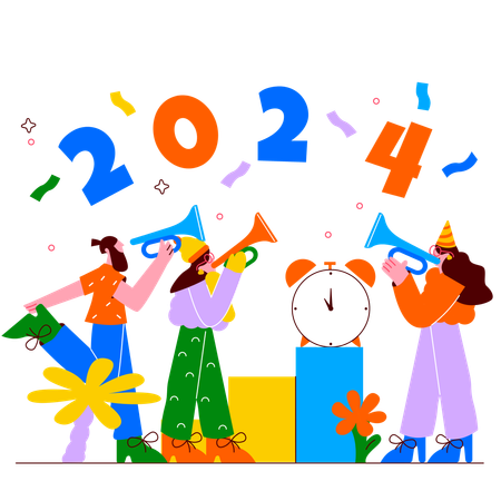 Gente celebrando cerca del reloj de cuenta regresiva  Ilustración