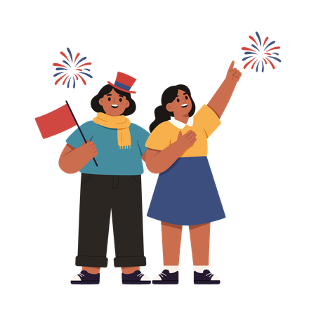 Gente celebrando con fuegos artificiales  Ilustración