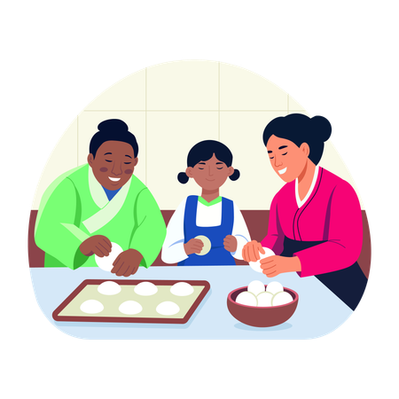 Gente celebrando el festival Chuseok  Ilustración