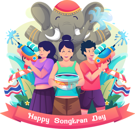 Gente celebrando el Festival Songkran  Ilustración