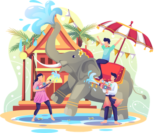 Gente celebrando el festival Songkran jugando agua con elefante  Ilustración