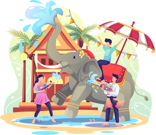 Gente celebrando el festival Songkran jugando agua con elefante  Ilustración