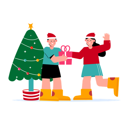 Gente celebrando la Navidad con árbol de Navidad y regalos.  Ilustración