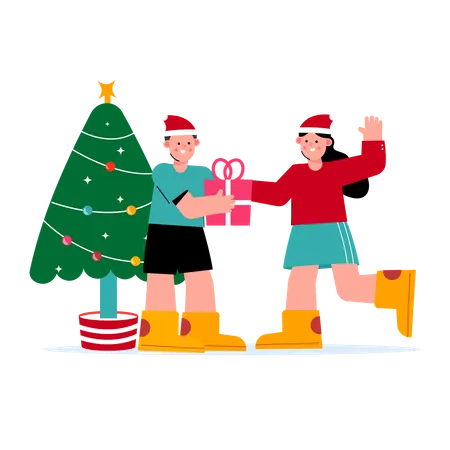 Gente celebrando la Navidad con árbol de Navidad y regalos.  Ilustración