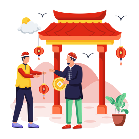 Pueblo chino haciendo decoración china.  Ilustración