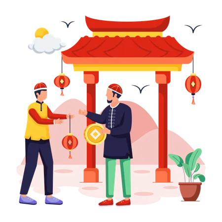 Pueblo chino haciendo decoración china.  Ilustración