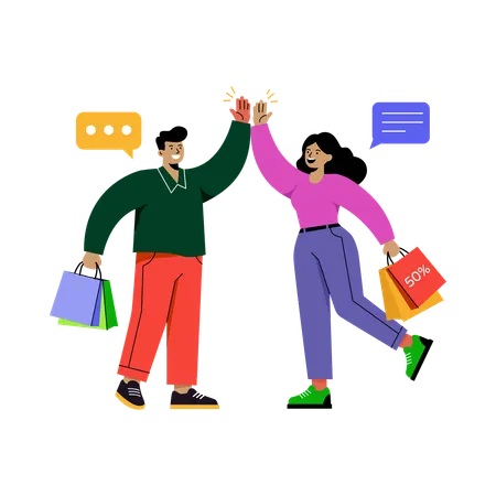 Gente chocando los cinco después de las compras  Ilustración