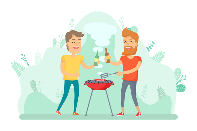 Gente cocinando barbacoa y bebiendo alcohol.  Ilustración