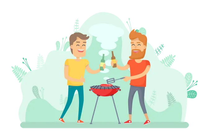 Gente cocinando barbacoa y bebiendo alcohol.  Ilustración