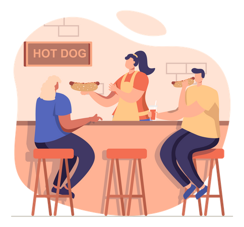 Pessoas comendo cachorro-quente  Ilustração