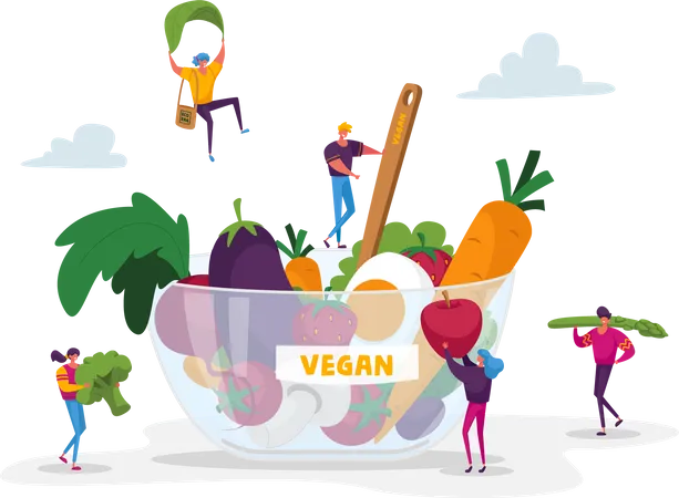 Gente comiendo de un tazón vegano saludable  Ilustración