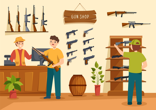 La gente compra armas en una armería.  Ilustración