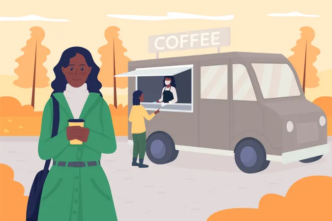 Personas comprando café en un camión de café.  Ilustración