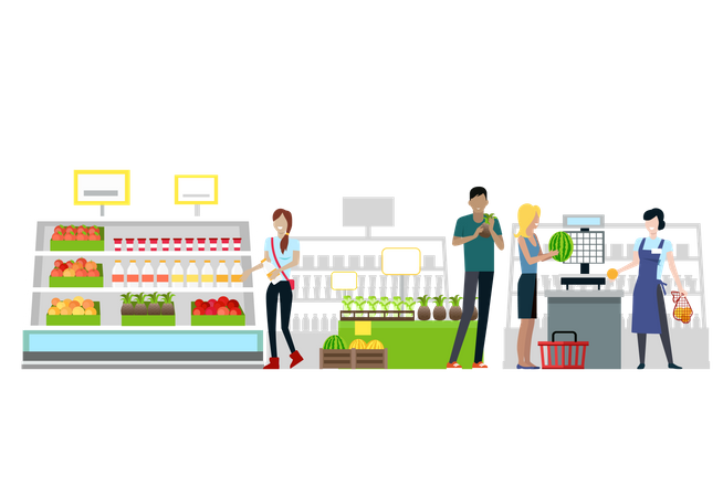 Gente de compras en el supermercado  Ilustración