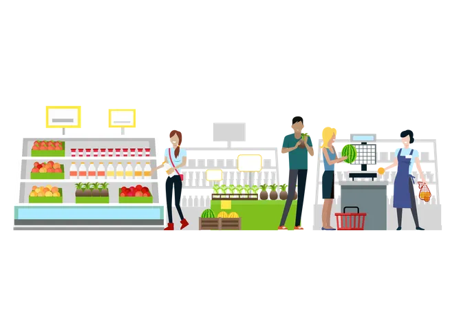 Gente de compras en el supermercado  Ilustración