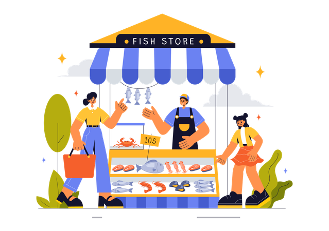 Gente comprando mariscos en el mercado.  Ilustración