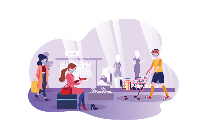 Personas con máscara y de compras en el centro comercial.  Ilustración