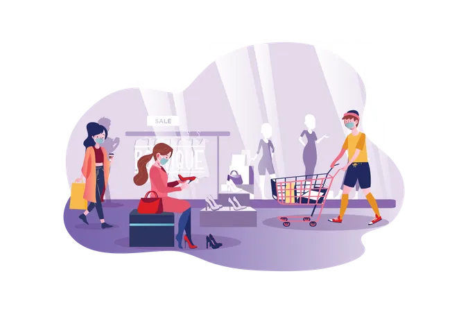 Personas con máscara y de compras en el centro comercial.  Ilustración
