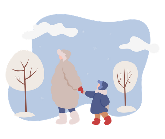 Personas vestidas con ropa de invierno caminando sobre la nieve.  Ilustración