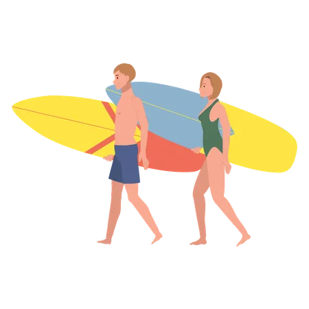 Personas con tablas de surf disfrutando del verano  Ilustración