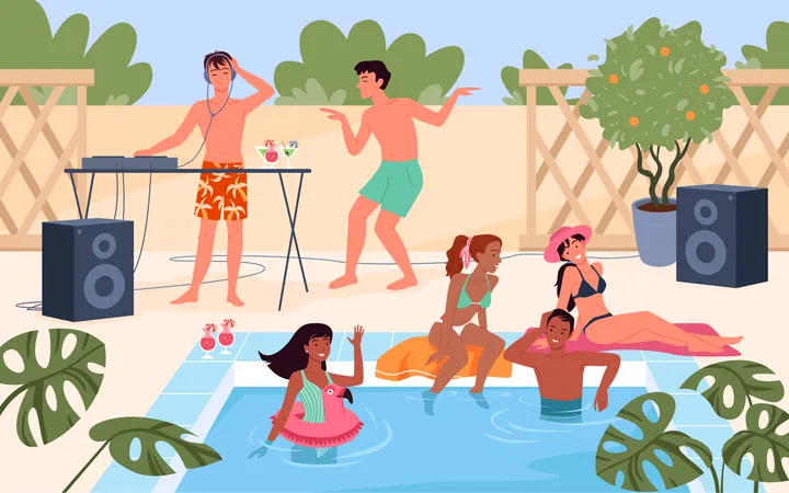 Gente de fiesta en la piscina del patio trasero  Ilustración