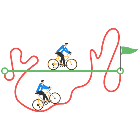 Gente de negocios con bicicleta pasa por un camino recto y fácil y otros por un camino difícil y desordenado  Ilustración