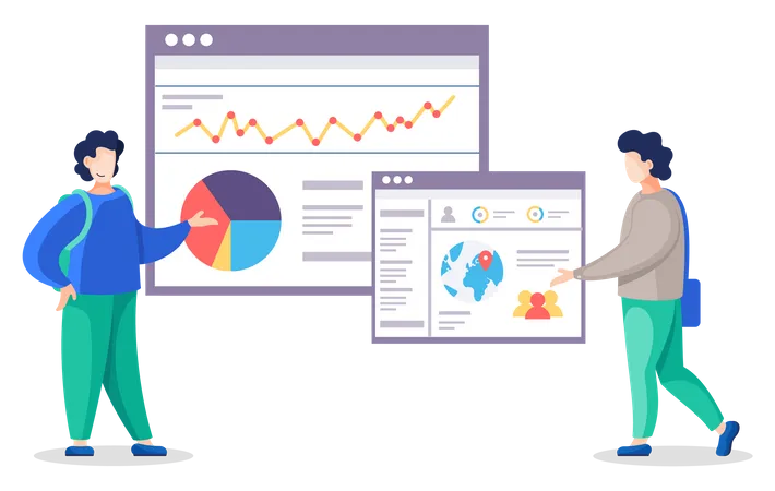 Gente de negocios discutiendo el sitio web del informe gráfico  Ilustración