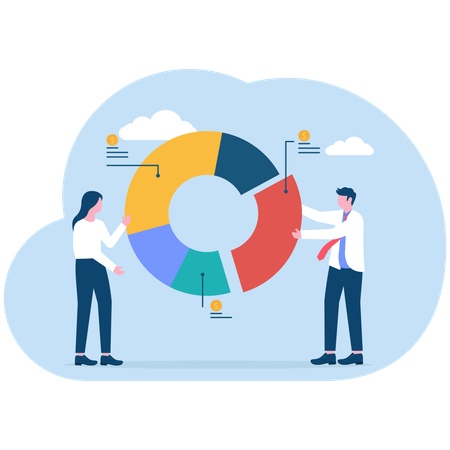 Gente de negocios discutiendo un gráfico circular de negocios  Ilustración