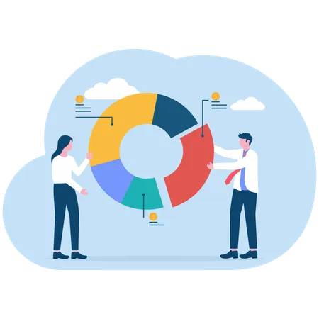 Gente de negocios discutiendo un gráfico circular de negocios  Ilustración