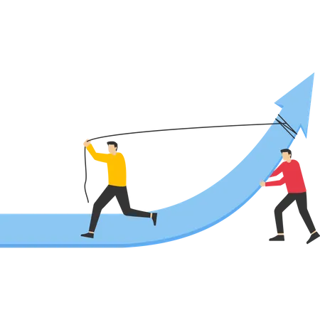 La gente de negocios empuja el gráfico y la flecha hacia arriba  Ilustración