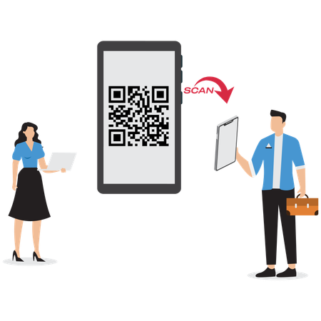 Empresarios escaneando códigos QR en dispositivos móviles  Ilustración