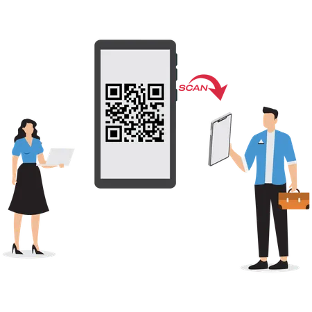 Empresarios escaneando códigos QR en dispositivos móviles  Ilustración