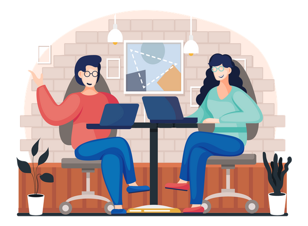 La gente de negocios está sentada en un café y comunicándose en línea  Ilustración
