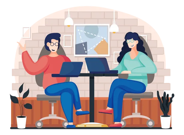 La gente de negocios está sentada en un café y comunicándose en línea  Ilustración