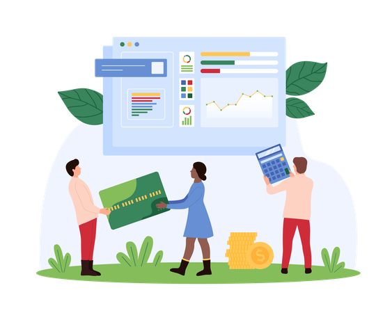Gente de negocios haciendo análisis de datos en línea  Ilustración