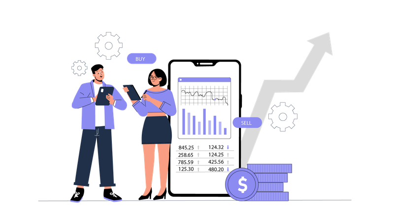 Gente de negocios haciendo análisis del mercado de valores  Illustration