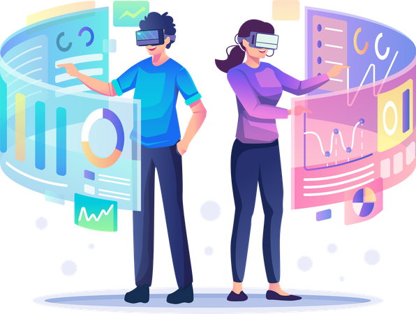 Gente de negocios haciendo análisis usando VR  Ilustración