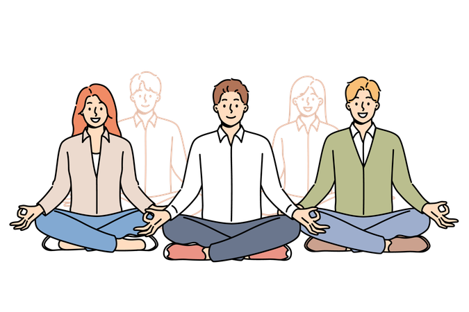Gente de negocios meditando en equipo durante el descanso del trabajo y sentados en posición de loto de yoga  Ilustración