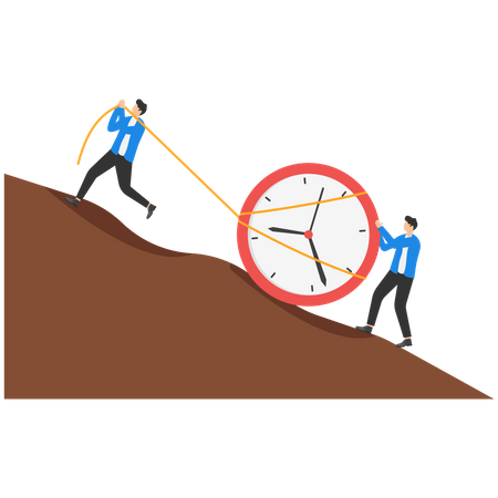 Gente de negocios montando reloj hacia arriba flecha ascendente  Ilustración