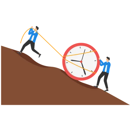 Gente de negocios montando reloj hacia arriba flecha ascendente  Ilustración