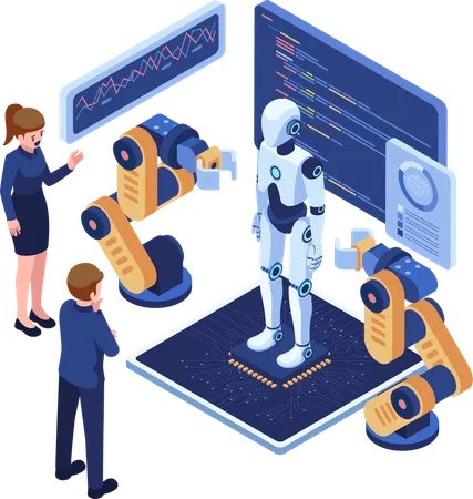 Empresarios Isometricos Que Presentan Una Presentacion Sobre Tecnologia De Robots AI Concepto De Inteligencia Artificial Y Tecnologia Robotica Ilustración