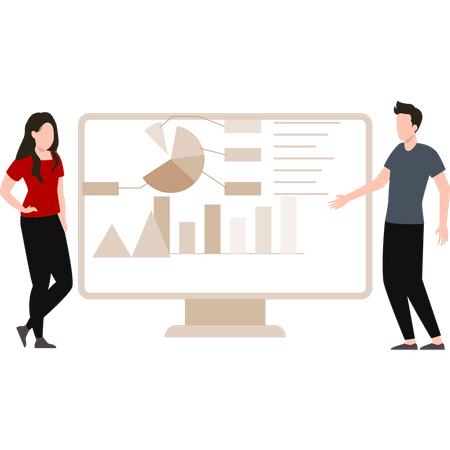 Gente de negocios que presenta el informe de análisis en el monitor  Ilustración