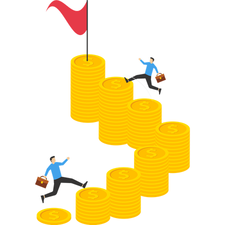 Los empresarios saltan sobre muchas monedas para alcanzar un objetivo más grande y alcanzar la meta.  Ilustración