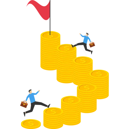 Los empresarios saltan sobre muchas monedas para alcanzar un objetivo más grande y alcanzar la meta.  Ilustración