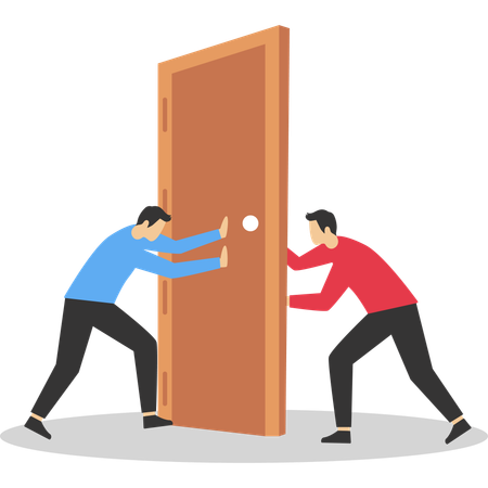 Gente de negocios tirando de la puerta con una cuerda  Ilustración