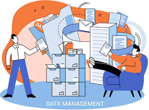 Gente de negocios trabajando con fuentes de datos complejas  Ilustración